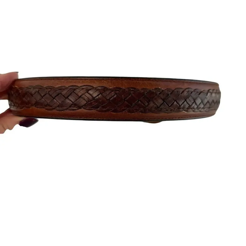 Men's Brown Solid and Inlaid Braid Leather Belt Brass Buckle Vintage? Medium 38